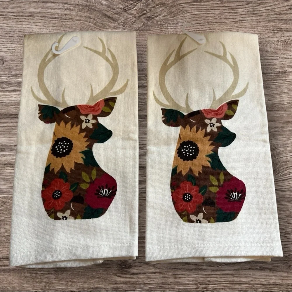 Set of 2 Autumn Bouquet Deer Dual Kitchen Towels - NWT